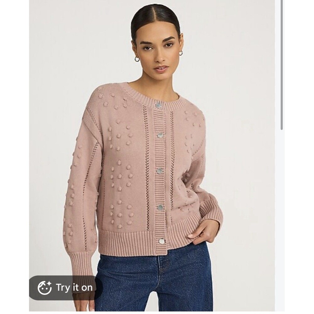 Express Women’s Cotton Crew Neck Pom Pom Cardigan Small Mauve Career Preppy